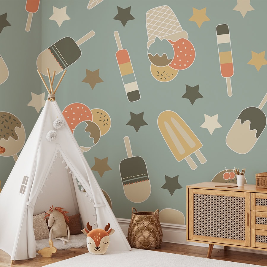 Behang met XL ijsjes print in groen – grijze tint - Afbeelding 2