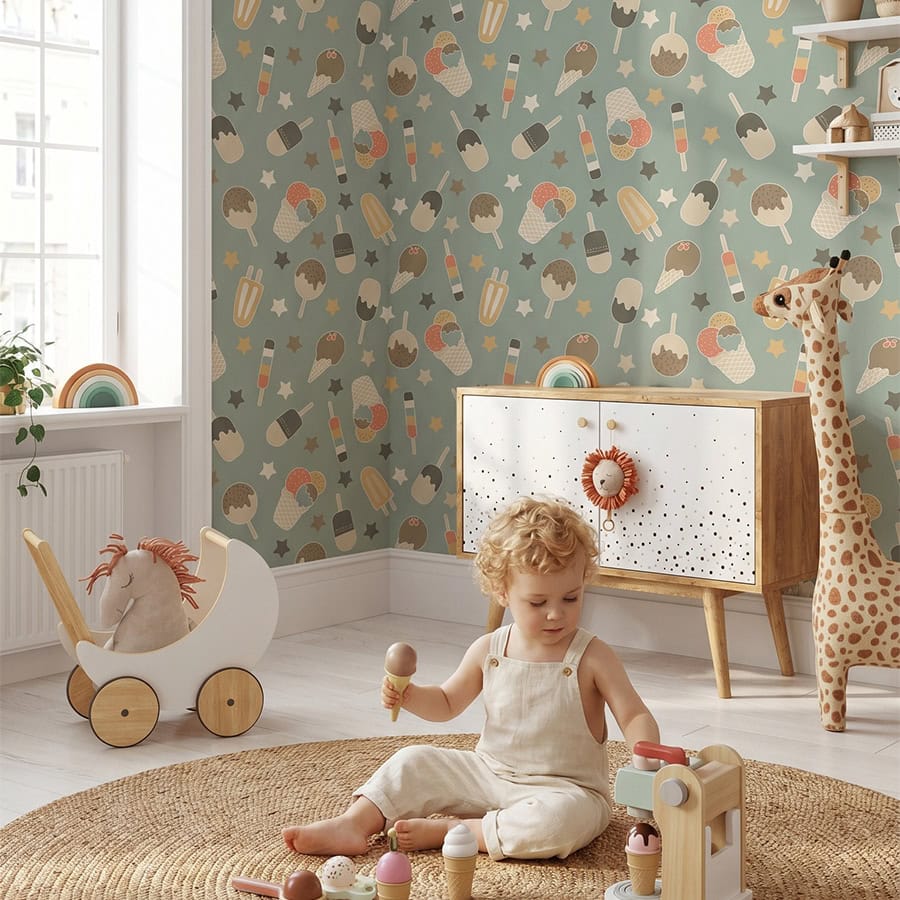 Behang met kleine ijsjes in groen – grijze tint voor de kinderkamer - Afbeelding 2