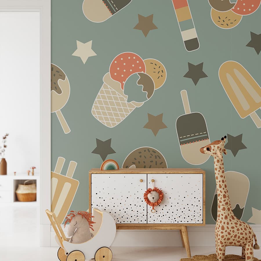Behang met XL ijsjes print in groen – grijze tint - Afbeelding 3